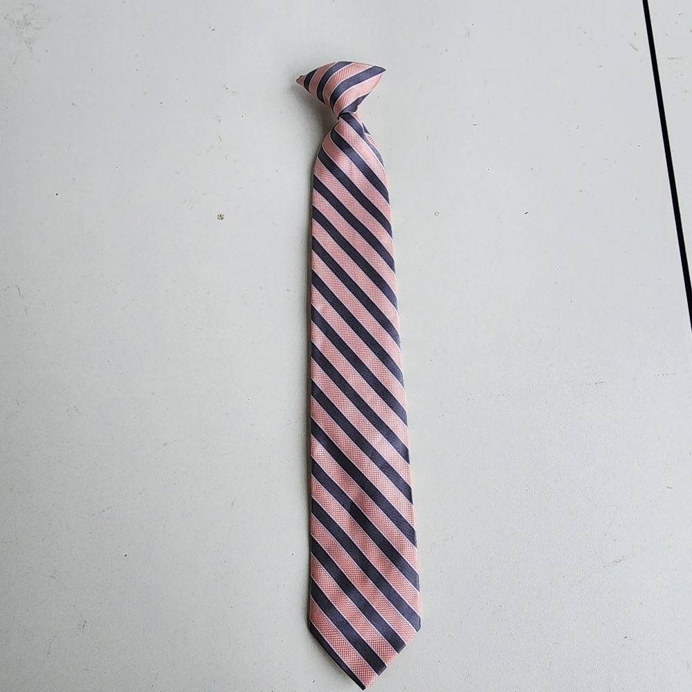 Boys Clip On Tie Striped Pre Tied Necktie Modern 15" Long Pink Gray